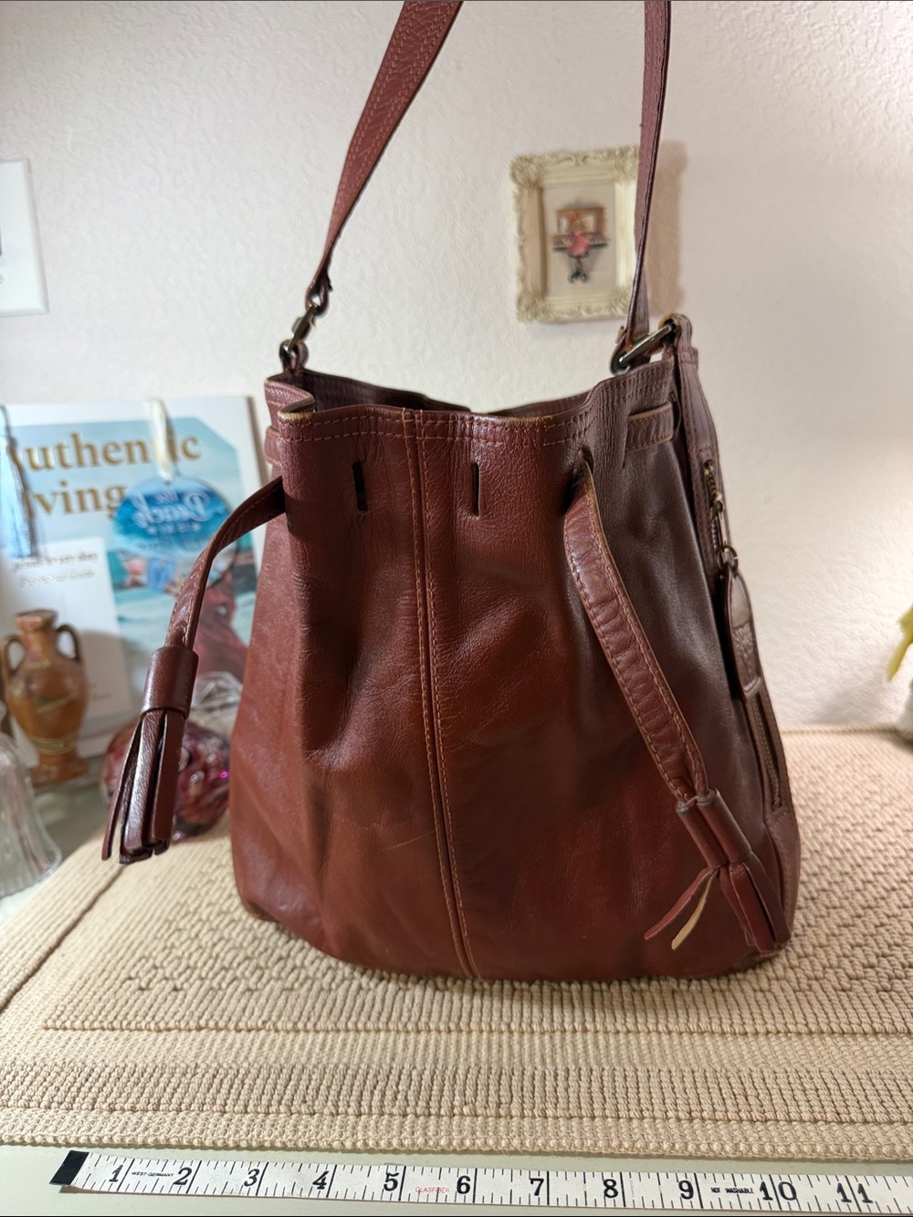 Anne Klein Cognac Brown Genuine Leather Drawstring Bucket Shoulder Bag Tassel